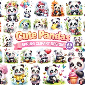 Può includere: Una collezione di 60 immagini PNG con adorabili illustrazioni di panda. I panda sono raffigurati in varie pose e ambientazioni, tra cui mentre tengono regali, suonano strumenti musicali e sono circondati da fiori e farfalle. Il testo "Cute Pandas Spring Clipart Design" è visualizzato.