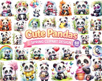 Baby Panda Clipart Bundle, Watercolor Panda PNG, Nursery Wall Art, Sublimation Cricut Commercial Use