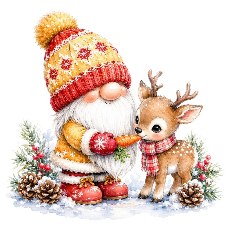 May include: A watercolor illustration of a gnome wearing a yellow and red knit hat with a pom-pom, red mittens, and red boots, feeding a carrot to a small brown fawn wearing a red and white plaid scarf, surrounded by pine branches and pinecones.