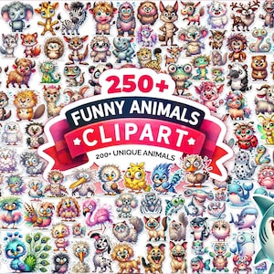 250+ Funny Animal Bundle, Cute Animal Clipart, Baby Animals Clipart, Watercolor Nursery Art, Stickers, Digital Download, Commercial Use,