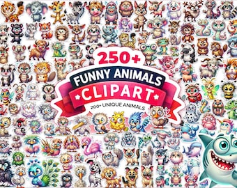 250+ Funny Animals Clipart Bundle, Baby Animal, Safari Illustration, Stickers, Digital Download, Commercial Use