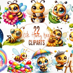 Pode incluir: Uma coleção de 22 cliparts de abelhas fofas. As abelhas são retratadas em várias poses, algumas segurando objetos como livros e xícaras de chá, e outras com acessórios como óculos de sol e guarda-chuvas. As abelhas são amarelas e pretas com olhos grandes e asas.