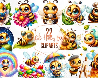 22 Watercolor Honey Bee Clipart, Sweet Bees Sublimation (PNG, Commercial Use)