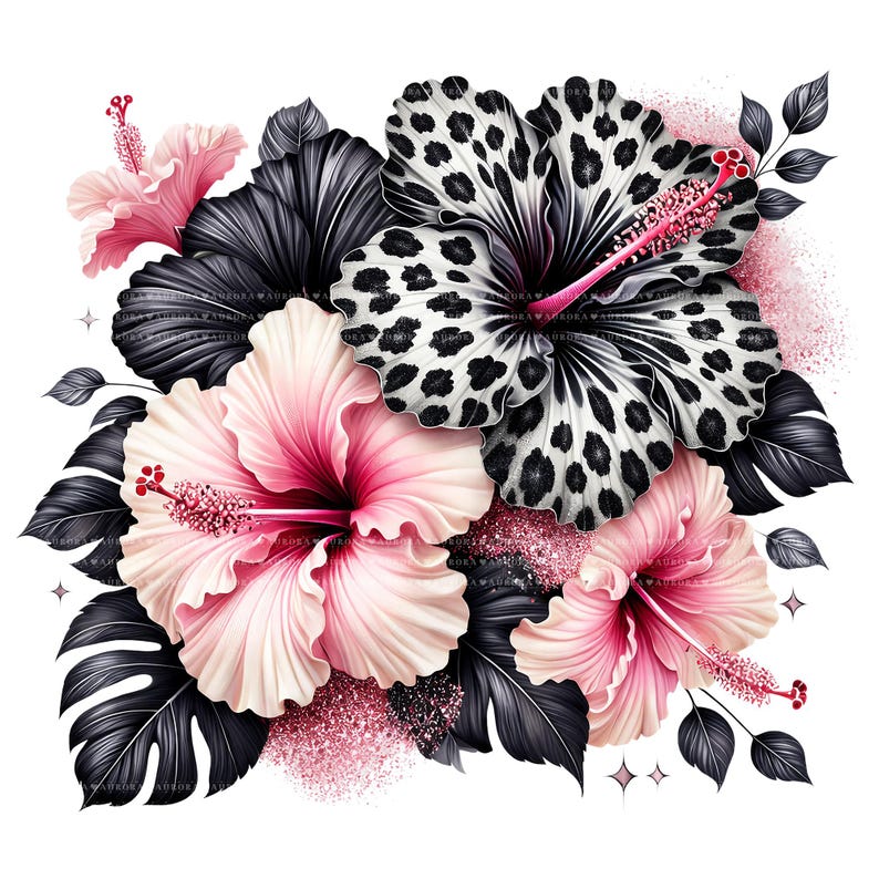 10 Pink Leopard Hibiscus PNG Bundle, Tropical Flower Clipart, Sublimation Digital Download image 5