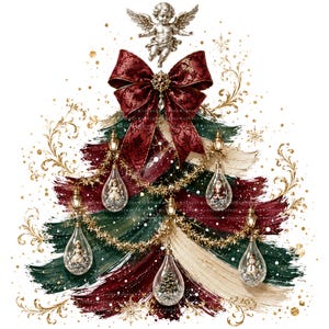 May include: A Christmas tree illustration featuring brushstrokes of dark red, forest green, and cream. It is adorned with a large dark red bow, gold tinsel, and five clear teardrop-shaped ornaments containing miniature figures, topped by a cherub.