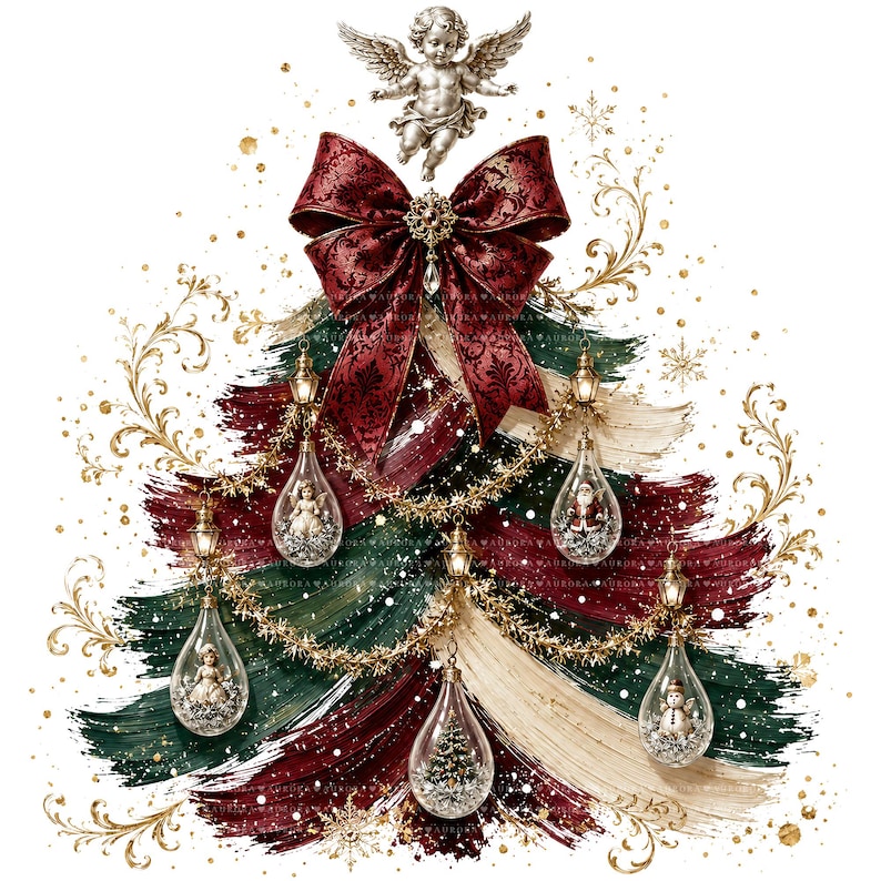 May include: A Christmas tree illustration featuring brushstrokes of dark red, forest green, and cream. It is adorned with a large dark red bow, gold tinsel, and five clear teardrop-shaped ornaments containing miniature figures, topped by a cherub.