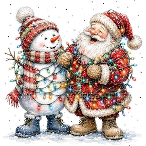 May include: A festive illustration of a snowman and Santa Claus tangled in colorful Christmas lights. The snowman wears a red and white striped hat and scarf with blue boots. Santa wears a red suit with white fur trim and brown boots.