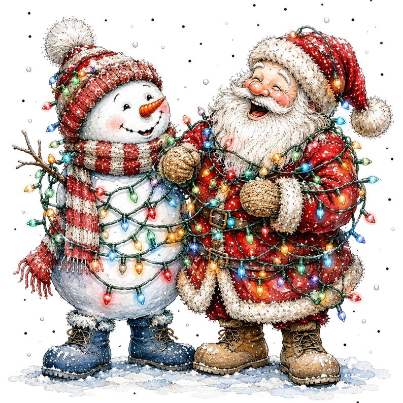 May include: A festive illustration of a snowman and Santa Claus tangled in colorful Christmas lights. The snowman wears a red and white striped hat and scarf with blue boots. Santa wears a red suit with white fur trim and brown boots.