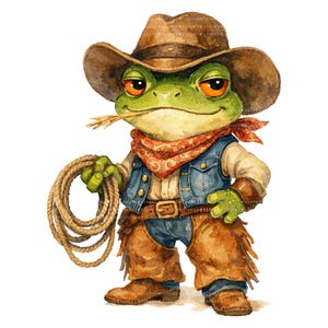 May include: A watercolour illustration of a frog dressed as a cowboy. The frog is wearing a brown hat, red bandana, denim vest, and brown chaps. It holds a rope and has straw in its mouth.