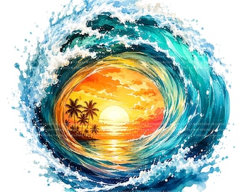 May include: Watercolor painting of a tropical sunset scene. A large, curling wave in shades of blue and turquoise frames a vibrant sunset with orange and yellow hues. Silhouetted palm trees are visible on a small island.