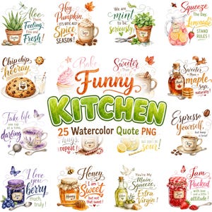 25 Funny Food Pun Sublimation PNG Bundle, Watercolor Kitchen Designs, Shirts, Mugs, Tumblers