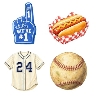 May include: A collection of four illustrations featuring a blue foam finger with the text #1 WE'RE #1, a hot dog with yellow mustard in a red and white chequered paper tray, a cream-coloured baseball jersey with blue pinstripes and the number 24, and a baseball.