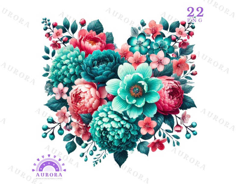 Valentine Floral Heart Clipart Bundle, Colorful Flowers Sublimation PNG ...