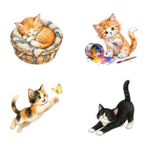 K&ouml;nnte beinhalten: Aquarellillustrationen von K&auml;tzchen. Ein orangefarbenes K&auml;tzchen schl&auml;ft in einem geflochtenen Korb. Ein weiteres orangefarbenes K&auml;tzchen ist mit Farbe bedeckt, mit einem versch&uuml;tteten Farbtopf und einem Pinsel in der N&auml;he. Ein Schildpatt-K&auml;tzchen springt auf einen gelben Schmetterling zu. Ein schwarz-wei&szlig;es K&auml;tzchen streckt sich.
