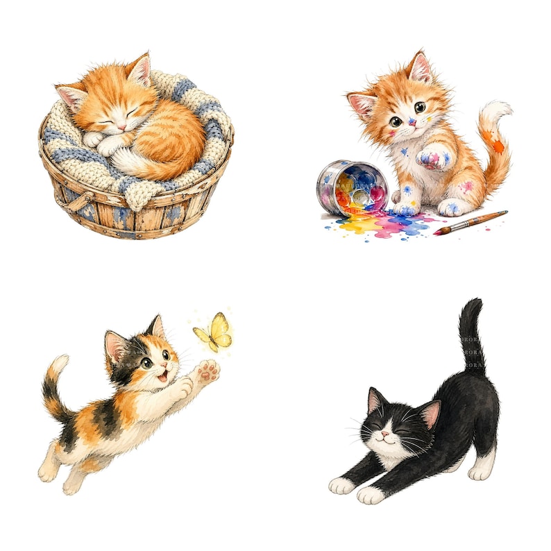 K&ouml;nnte beinhalten: Aquarellillustrationen von K&auml;tzchen. Ein orangefarbenes K&auml;tzchen schl&auml;ft in einem geflochtenen Korb. Ein weiteres orangefarbenes K&auml;tzchen ist mit Farbe bedeckt, mit einem versch&uuml;tteten Farbtopf und einem Pinsel in der N&auml;he. Ein Schildpatt-K&auml;tzchen springt auf einen gelben Schmetterling zu. Ein schwarz-wei&szlig;es K&auml;tzchen streckt sich.