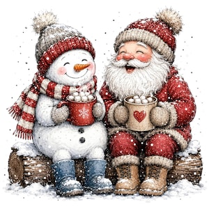 May include: A snowman and Santa Claus sitting on a log, both wearing knit hats and holding mugs of hot cocoa with marshmallows. The snowman wears a red and white striped scarf and blue boots, while Santa wears a red coat and tan boots.