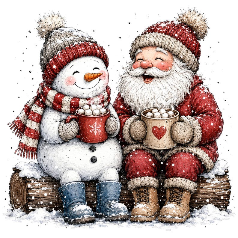 May include: A snowman and Santa Claus sitting on a log, both wearing knit hats and holding mugs of hot cocoa with marshmallows. The snowman wears a red and white striped scarf and blue boots, while Santa wears a red coat and tan boots.