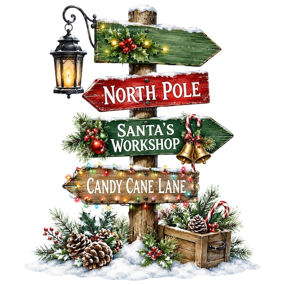 22 Watercolor Christmas Signpost PNG Bundle, North Pole Clipart, Sublimation Designs For Winter Tumblers