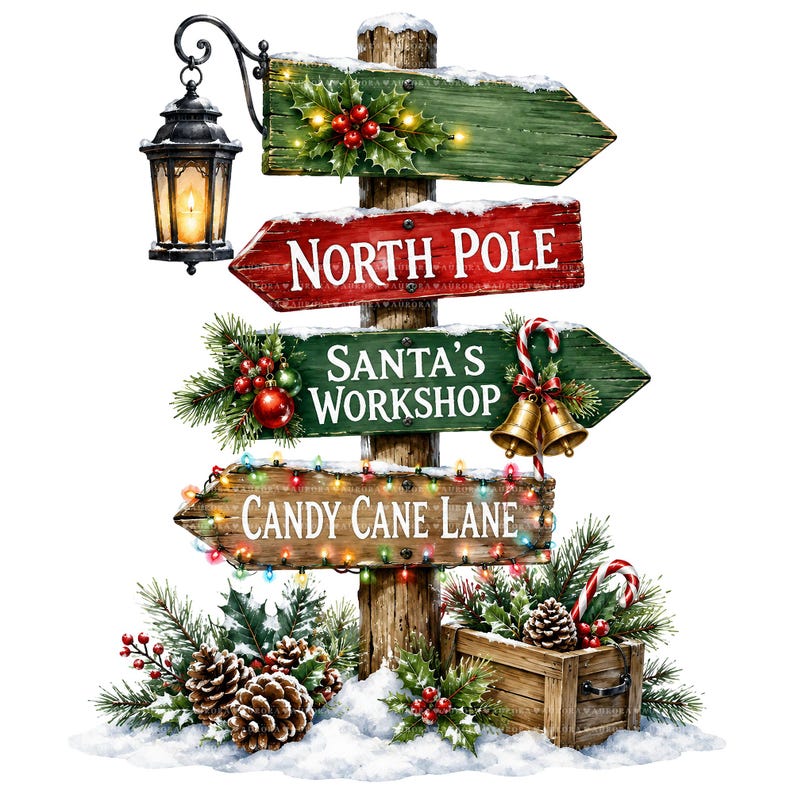 May include: A wooden signpost with four directional arrows featuring snow-dusted edges, a black lantern, and holiday decorations. The signs read North Pole, Santa's Workshop, and Candy Cane Lane. Pine branches, pinecones, and berries surround the base.