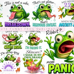 Könnte beinhalten: Eine Sammlung von Cartoon-Fröschen in verschiedenen Posen mit Textüberlagerungen. Die Frösche sind grün mit großen Augen und langen rosa Zungen. Der Text enthält Sätze wie "Chaos Inside" und "More Panic".