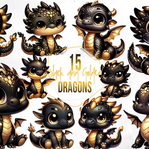 May include: Fifteen black and gold dragons with large eyes and wings. The dragons are cartoon-like and have a cute, whimsical style.