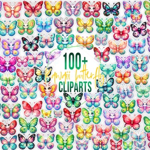 100+ kawaii vlinder clipartset, schattige pastel vlinders stickers, kleurrijke vlinder png, digitale download, commercieel gebruik