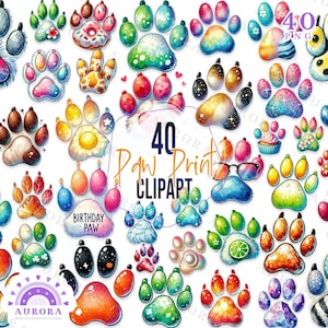 Kleurrijke pootafdruk clipart, dierlijke voetafdrukken png, aquarel pootontwerpen, dierenprint bundel, instant download, commercieel gebruik