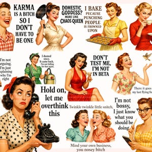 Retro Housewife PNG Bundle, Sarcastic Women Quotes, 1950s Humor Clipart, Mugs, shirts, Instant Download image 1