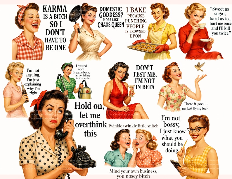 Retro Housewife PNG Bundle, Sarcastic Women Quotes, 1950s Humor Clipart, Mugs, shirts, Instant Download image 1
