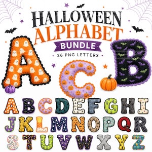 May include: A digital Halloween alphabet bundle featuring 26 PNG letters with various festive patterns like ghosts, pumpkins, and bats. The text HALLOWEEN ALPHABET BUNDLE 26 PNG LETTERS is displayed at the top with decorative spiderwebs and stars.