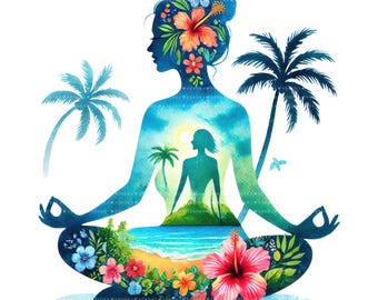 Silhouette di yoga ad acquerello, arte della meditazione, fiori, sublimazione, donna, consapevolezza, stampabili, uso commerciale