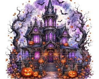 20 Halloween Haunted House PNG Bundle, Watercolor Gothic Village Clipart, Spooky Sublimation Digital Download