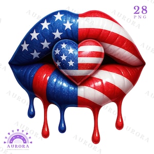 Labios patrióticos goteando PNG, clipart del 4 de julio, bandera estadounidense, libertad, EE. UU., descarga digital