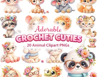 20 Crochet Animals Clipart PNG, Kawaii Amigurumi Floral Sublimation Design, Instant Download Shirt Art