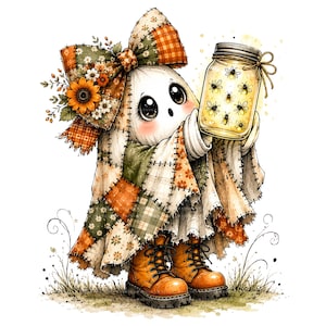 May include: A cartoon ghost figure draped in a patchwork quilt featuring orange, green, and white plaid and floral patterns. The ghost wears a large matching bow, has large dark eyes, and holds a glass jar filled with glowing bees and light.