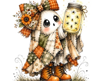 26 Halloween-spöken PNG-paket, lapptäcke akvarell clipart, höstens sublimeringsdesigner, omedelbar digital nedladdning