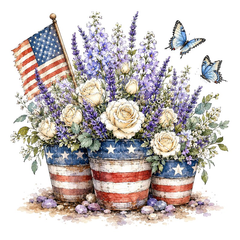 22 Rustic Patriotic Floral Bouquets PNG, 4th of July Watercolor Clipart ...