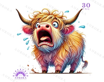 Funny Highland Cow Clipart Bundle, Quirky Animals Sublimation PNG, Whimsical Watercolor Design, Digital Download