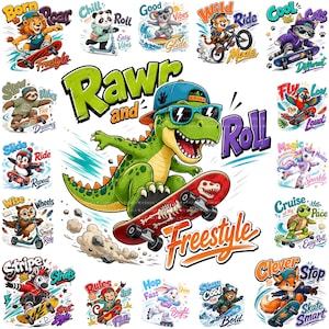 Könnte beinhalten: Eine Sammlung von Cartoon-Tierillustrationen mit einem zentralen grünen Dinosaurier auf einem Skateboard mit dem Text Rawr and Roll Freestyle, umgeben von kleineren Grafiken von Löwe, Panda, Koala, Tiger, Katze, Faultier, Pinguin, Eule, Zebra, Affe, Hase, Bär, Fuchs, Papagei, Einhorn und Schildkröte.