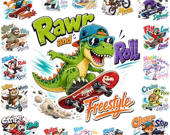 24 Kids Skateboard Animal PNG Bundle, Extreme Sports Sublimation Clipart, Retro Graphics, Digital Download