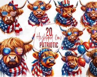 Clipart de vaca patriótica de las Tierras Altas, paquete PNG del 4 de julio, bandera estadounidense, acuarela, uso comercial