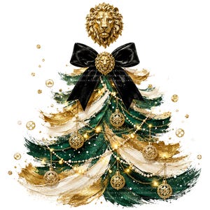 May include: A stylized Christmas tree illustration featuring thick, textured brushstrokes in dark green, white, and gold. The tree is adorned with gold filigree ornaments, pearl garlands, and a large black bow topped with a gold lion head emblem.
