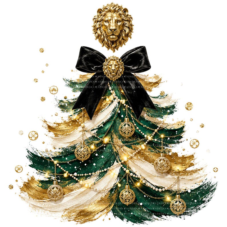 May include: A stylized Christmas tree illustration featuring thick, textured brushstrokes in dark green, white, and gold. The tree is adorned with gold filigree ornaments, pearl garlands, and a large black bow topped with a gold lion head emblem.