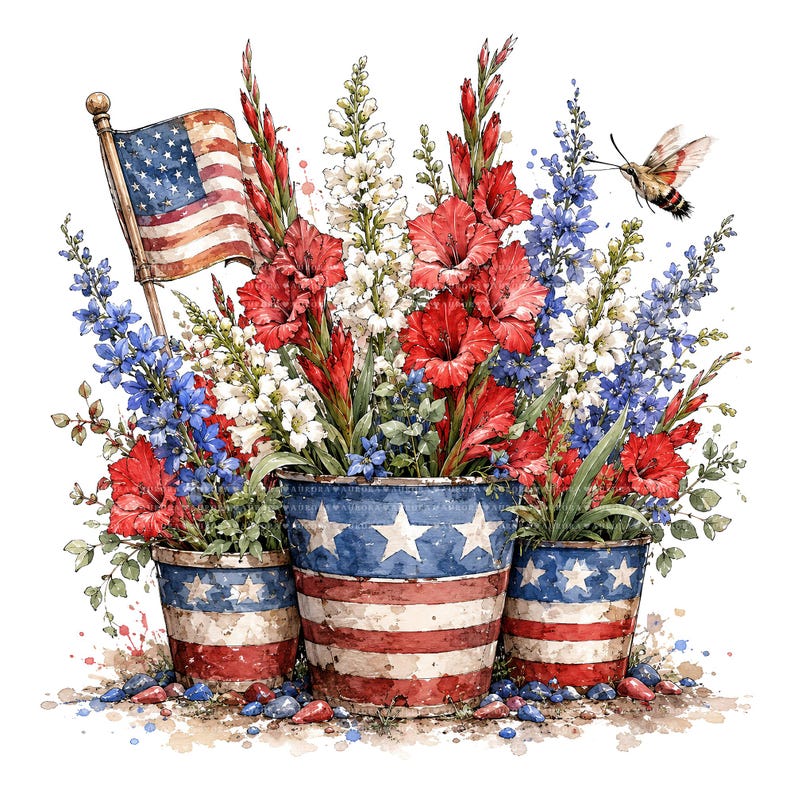 22 Rustic Patriotic Floral Bouquets PNG, 4th of July Watercolor Clipart ...