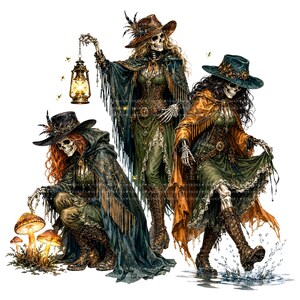 May include: Three skeletal figures dressed in layered, fringed capes, corsets, and wide-brimmed hats. One figure holds a glowing lantern near mushrooms, another stands holding a lantern, and the third walks through a water splash.