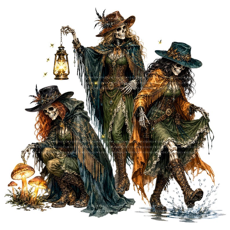 May include: Three skeletal figures dressed in layered, fringed capes, corsets, and wide-brimmed hats. One figure holds a glowing lantern near mushrooms, another stands holding a lantern, and the third walks through a water splash.