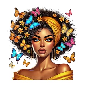 Può includere: Illustrazione digitale di una donna con capelli ricci scuri adornati da farfalle e fiori. Indossa un foulard giallo e un top abbinato con spalle scoperte. I suoi occhi sono blu e la sua pelle è di un marrone caldo.