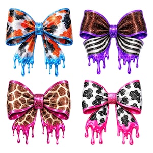 May include: Four decorative bows featuring distinct patterns and dripping effects. The top left bow has orange, black, and white spots with blue drips. The top right bow has brown and black stripes with purple drips. The bottom bows feature giraffe and cow prints with pink drips.
