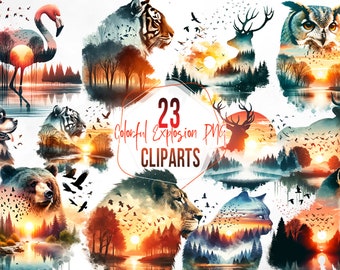 Double Exposure Animals Clipart, Wildlife and Natural Scene PNG, Watercolor Forest Clipart, Commercial Use
