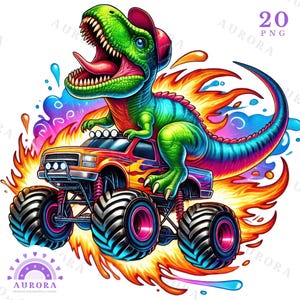 T-Rex Dinosaur Monster Truck Sublimation PNG, Extreme Vehicle Clipart, Roaring Dino Fire Truck Design, Instant Digital Download